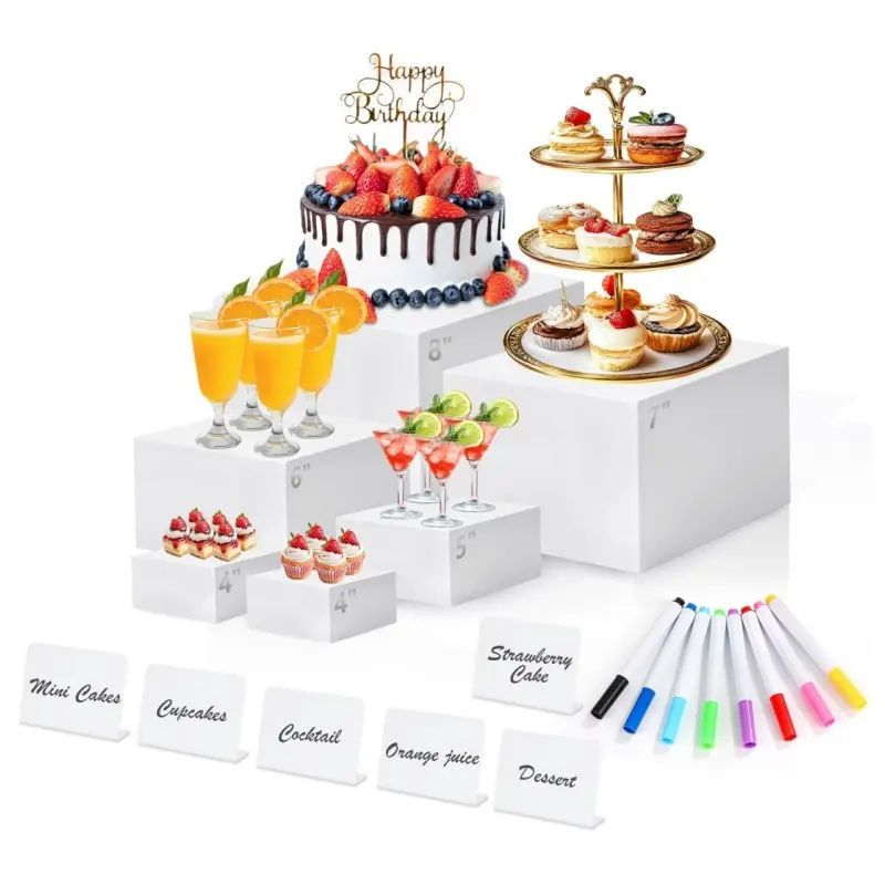 6-piece white acrylic dessert display stand, including mini table cards and markers, multi height buffet display stand, suitable for catering services, banquets, wedding receptions, and dessert table decoration