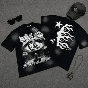 Hell Star Graphic T Shirt Pure Cotton Streetwear Y2K Summer Daily Casual Party Festival Outfit Urban Hip Hop Harajuku Viral Trend TikTok Fashion Vintage Washed Oversized Men Women Couples Unisex Trendy Top