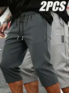 2 Pcs Men's Summer Quick-Dry Sporty Capri Pants, Lightweight Breathable Polyester, Fashion Casual Wear, Sweat-Resistant Fabric, Menswear