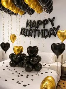 47PCS Black Happy Birthday Balloon Decorations – 16" Letter Foil Balloons, Black & Gold Latex Balloons and Heart Foil Balloon for Birthday Party Backdrop Decor