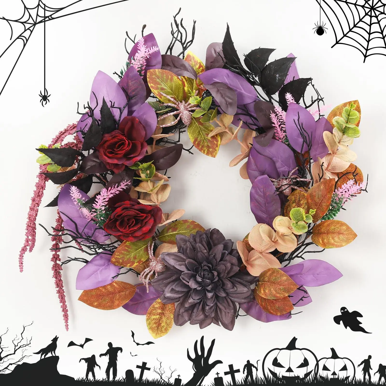 GARVEE 18 Inches Halloween Wreath, Halloween Door Decorations with Purple Red Roses, Fall Wreaths for Front Door, Window Decor for Indoor Outdoor Wall