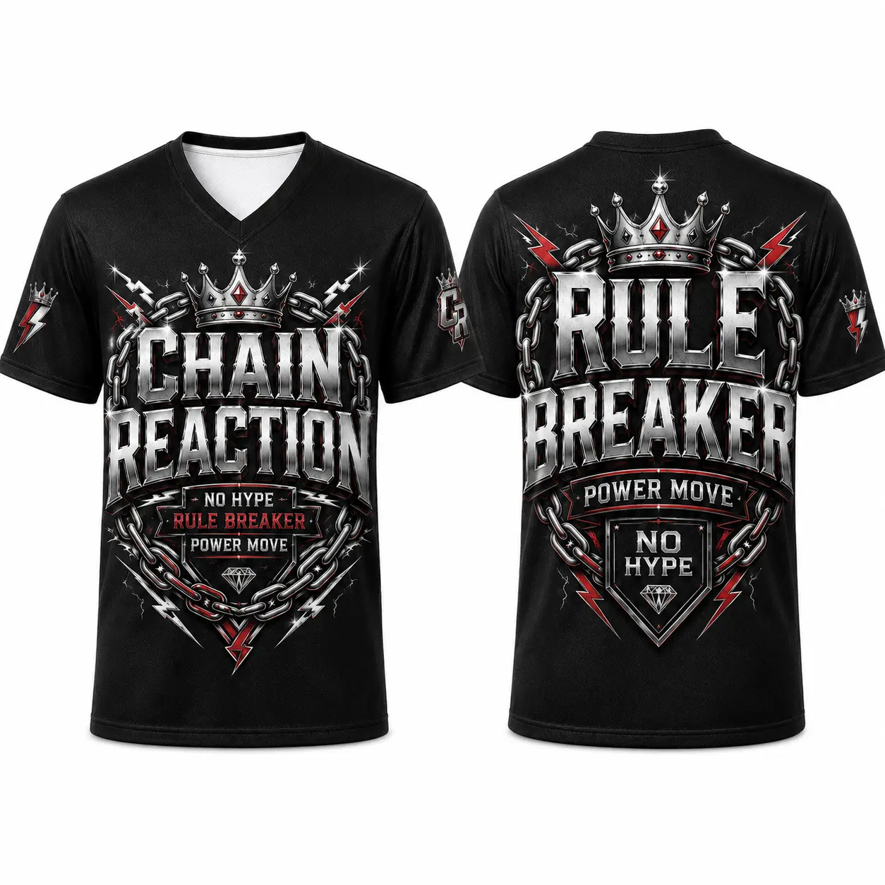 Chain Reaction Rule Breaker V-Neck Sports Shirt for Men Women, Black Hip Hop Streetwear Tee with Crown Chain Lightning Graphic, Power Move No Hype Short Sleeve Athletic Top for Casual Outfits tiktokshopbacktoschool