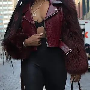 Women’s patchwork leather jacket with crocodile-patterned sleeves, zip closure, casual biker style, suitable for all seasons, fashionable and luxurious GARMENTARY