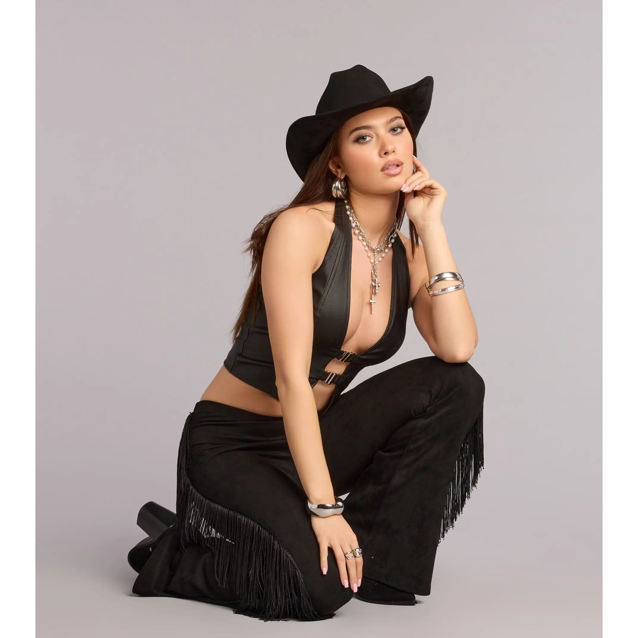 Outlaw Attitude Fringe Faux Suede Flare Pants Outlaw Attitude Fringe Faux Suede Flare Pants