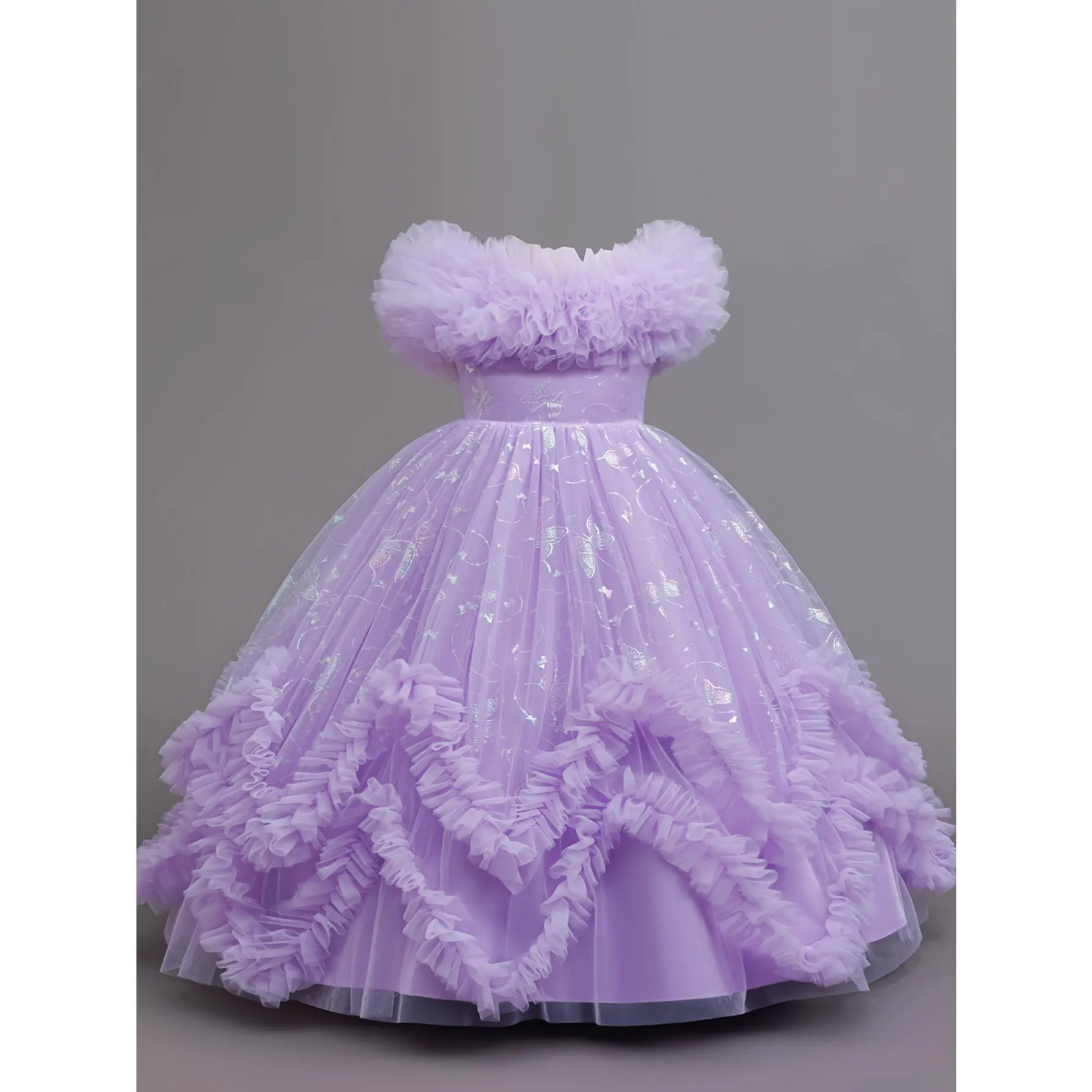 [Princess Dress] Girls' Princess Dress with Golden Butterfly Embroidery and Wood Ear Lace |     Elegant Preppy Style, Solid Color with Contrast Mesh Details, Long Length for Summer Festivals and Performances