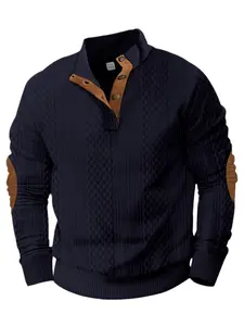 Men's Argyle Pattern Sweater, Casual Fitted Design, Metal Button Stand Collar, Perfect for Daily Wear & Office