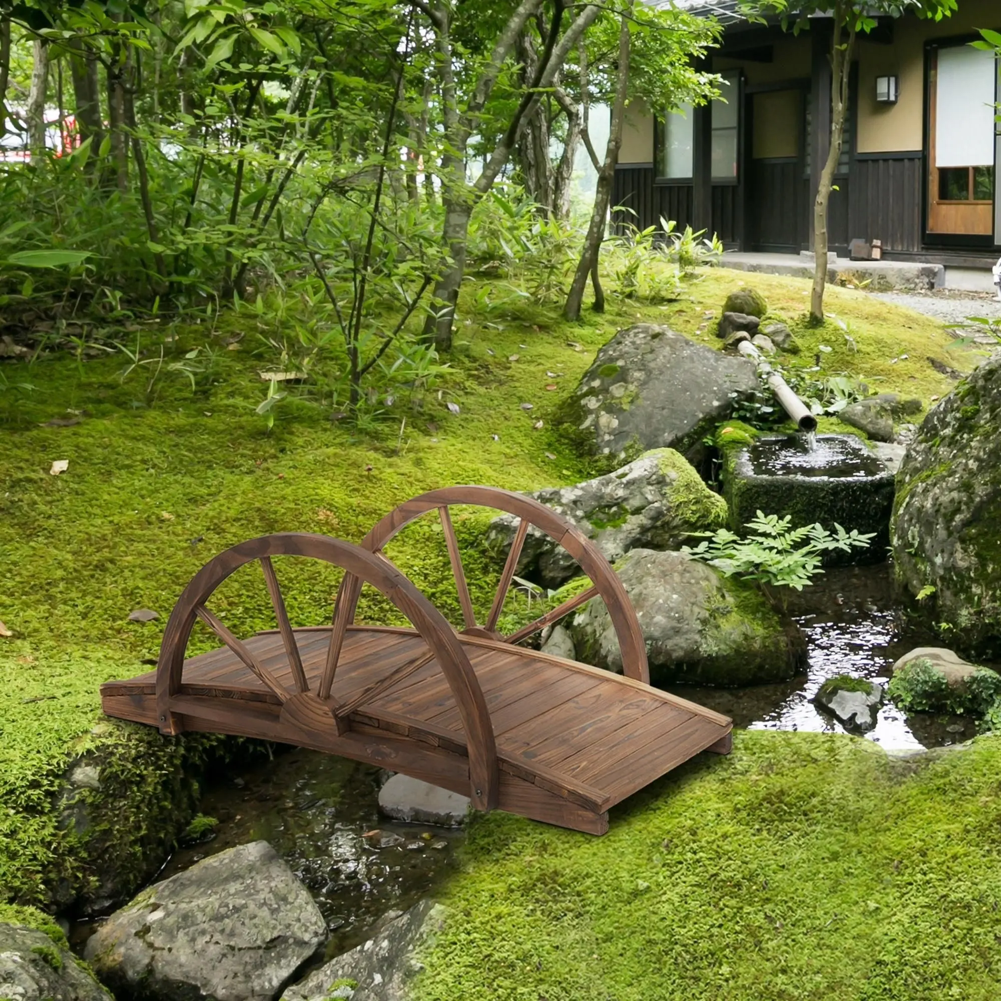3.3ft Arched Wooden Garden Bridge – Fir Wood Footbridge with Decorative Half-Wheel Railings