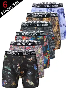 6-Pack Men's Stretchy Boxer Briefs - No Ride-Up Long Leg with Quick-Dry & Breathable Comfort Fit, Multi-Color Prints for Workout & Casual (Value Pack)