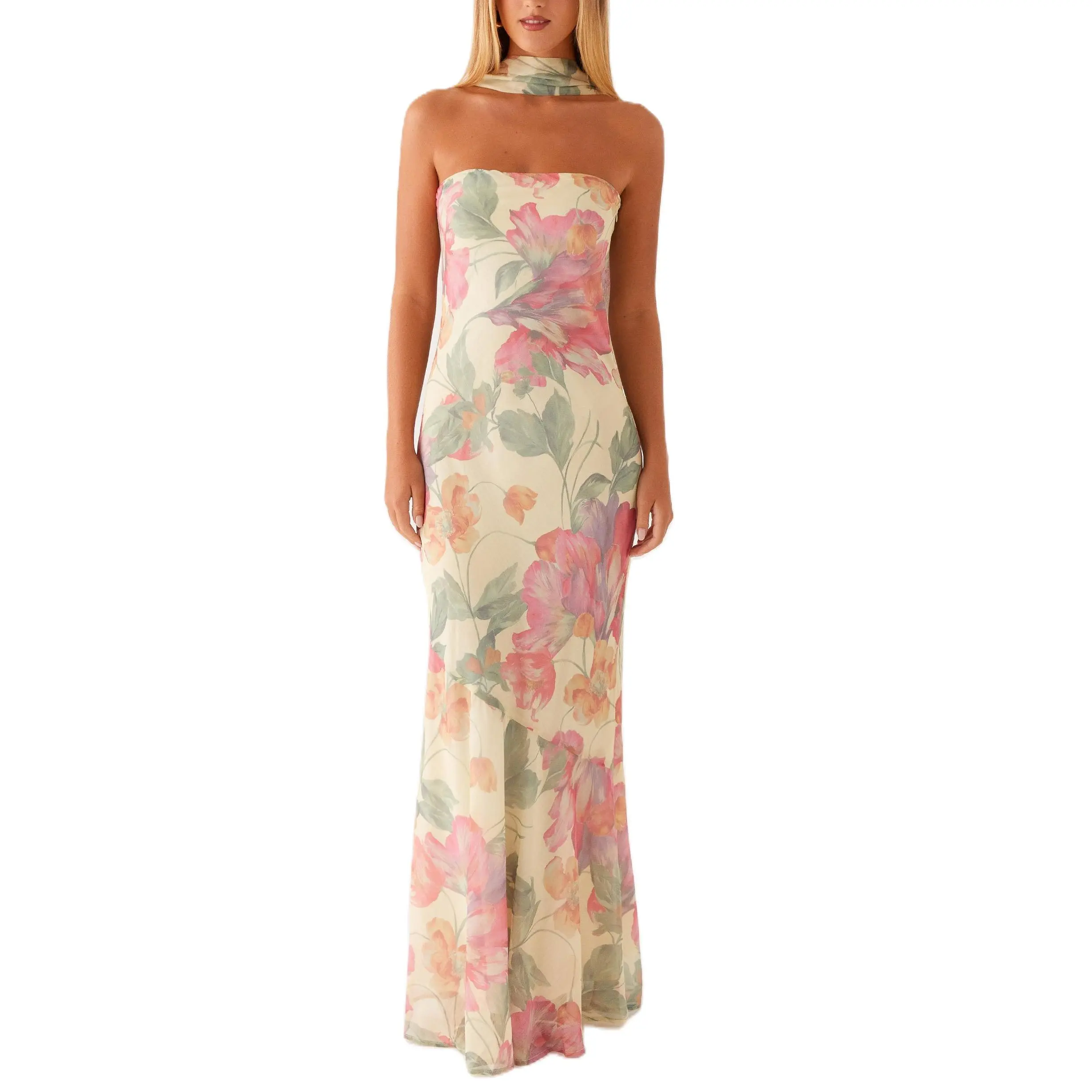 Women Long Tube Top DressFlower/Solid Off Shoulder Sleeveless Fishtail Bodycon Dress with Scarf