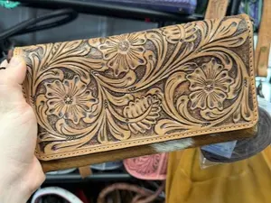 Genuine hand tooled leather & cowhide crossbody wallet- brown tooled