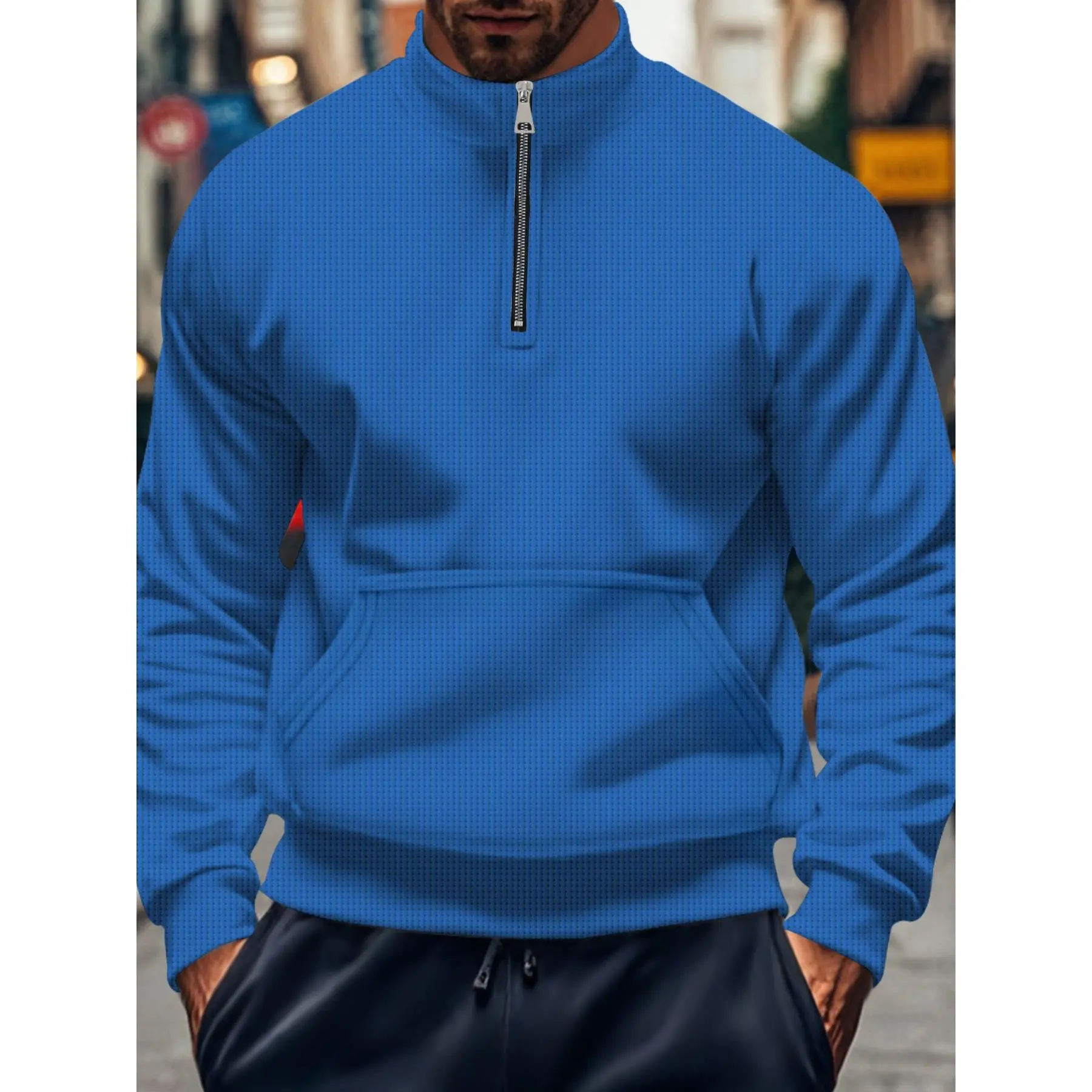 [Cozy Comfort] Men's Collared Light Gray High Neck Polyester Sweatshirt - Long Sleeve, Half Zip, Solid Color Pullover, Kangaroo Pocket, Stretch Fabric, Machine Washable Menswear Tops for Everyday Wear, Longsleeves, Quarter