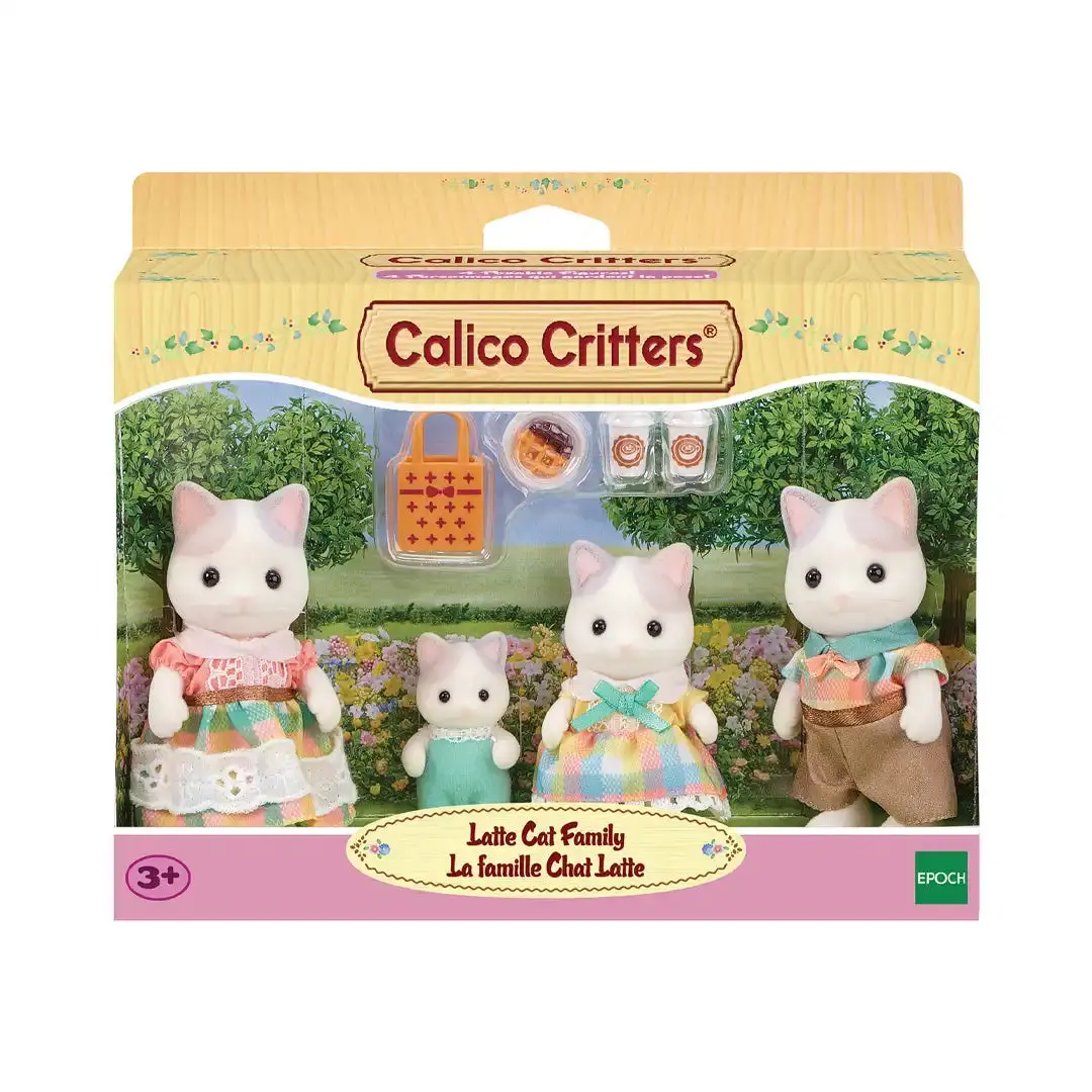 Calico Critters Latte Cat Family Stuffed Toy Set (CC2291) - Cozy Café Themed, Flocked Fabric, 4 Figures (Sister, Father), Storytelling & Pretend Play Accessories for Kids