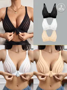 Women's Sexy Solid Color Lace Bralette Set with Wireless Front-Closure & Unlined Design, Medium Support for All Seasons