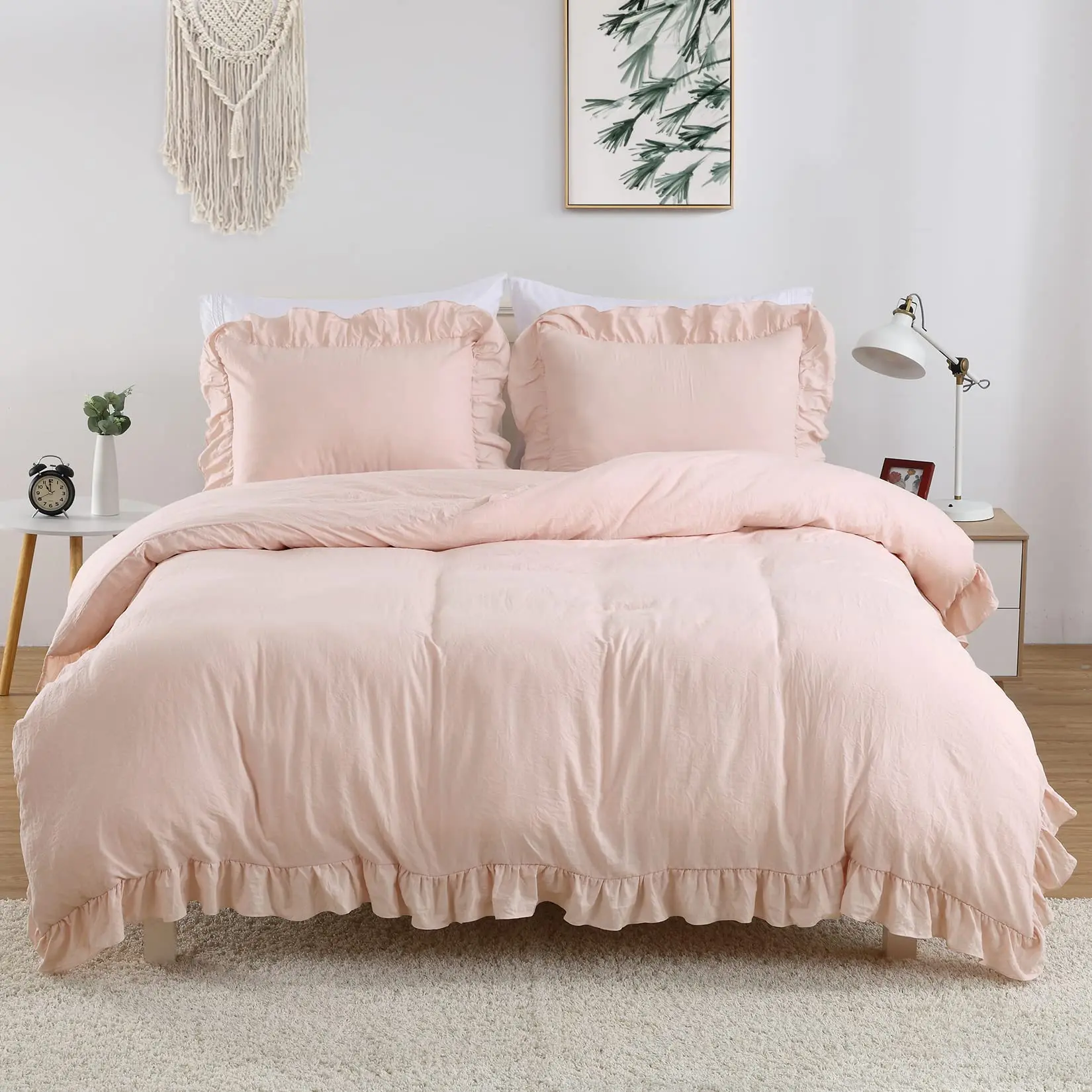 【GARVEE】Pink Ruffled 3-Piece Duvet Cover Set, Washed Soft Microfiber, Classic Style, Queen Size Bed, Pink, 90 x 90 Inches