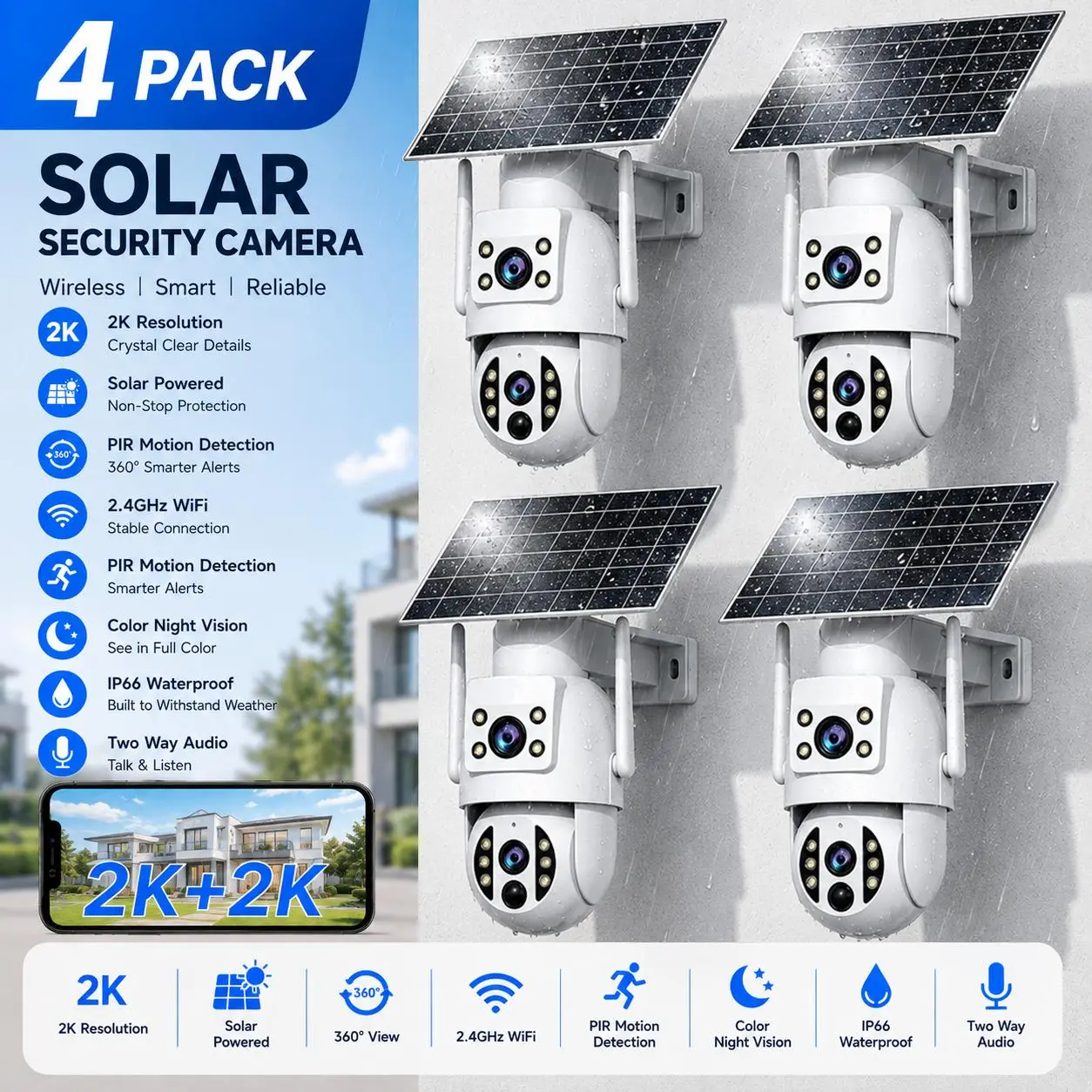【Breaking The Price-100PCS】JOOAN 2K+2K Solar 360° 2.4G WiFi Dual Lens Wireless Security Camera 360° PTZ Outdoor/Indoor IP66 Waterproof, Color Night Vision, PIR Human Detection, Two-Way Talk, Auto Tracking, Siren Alarm, No-Blind-Spot Coverage