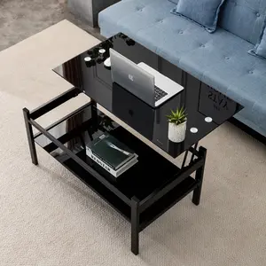 Lift Top Glass Coffee Table with Storage Compartment and Separated Open Shelves,  Small Rectangle Glass Top Coffee Table Lift Top, Black Coffee Tables for Living Room, Office