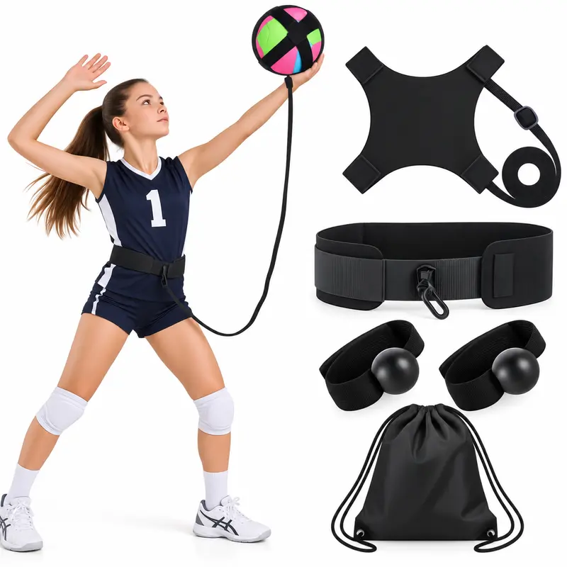 Volleyball Rebounder Training Set with Fast-Move Secure Design, Adjustable Elastic Cord Waist-Bound Air Control Gear, Included Balls, Light & Portable for Beach Use, Enhances Hand Coordination, Improves Timing & Accuracy (All Ages Indoor/Outdoor)