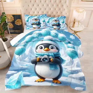 Penguin Reindeer Warm Companion Style Quilt/Comforter Set 2/3 Pcs Contains 1 Quilt/Comforter 1/2 Pillowcases No Filler Penguin And Reindeer Christmas Elements Fluffy Warm Suitable for Girls Teenagers and Gift Recipients Fits Bedrooms  Christmas Rooms