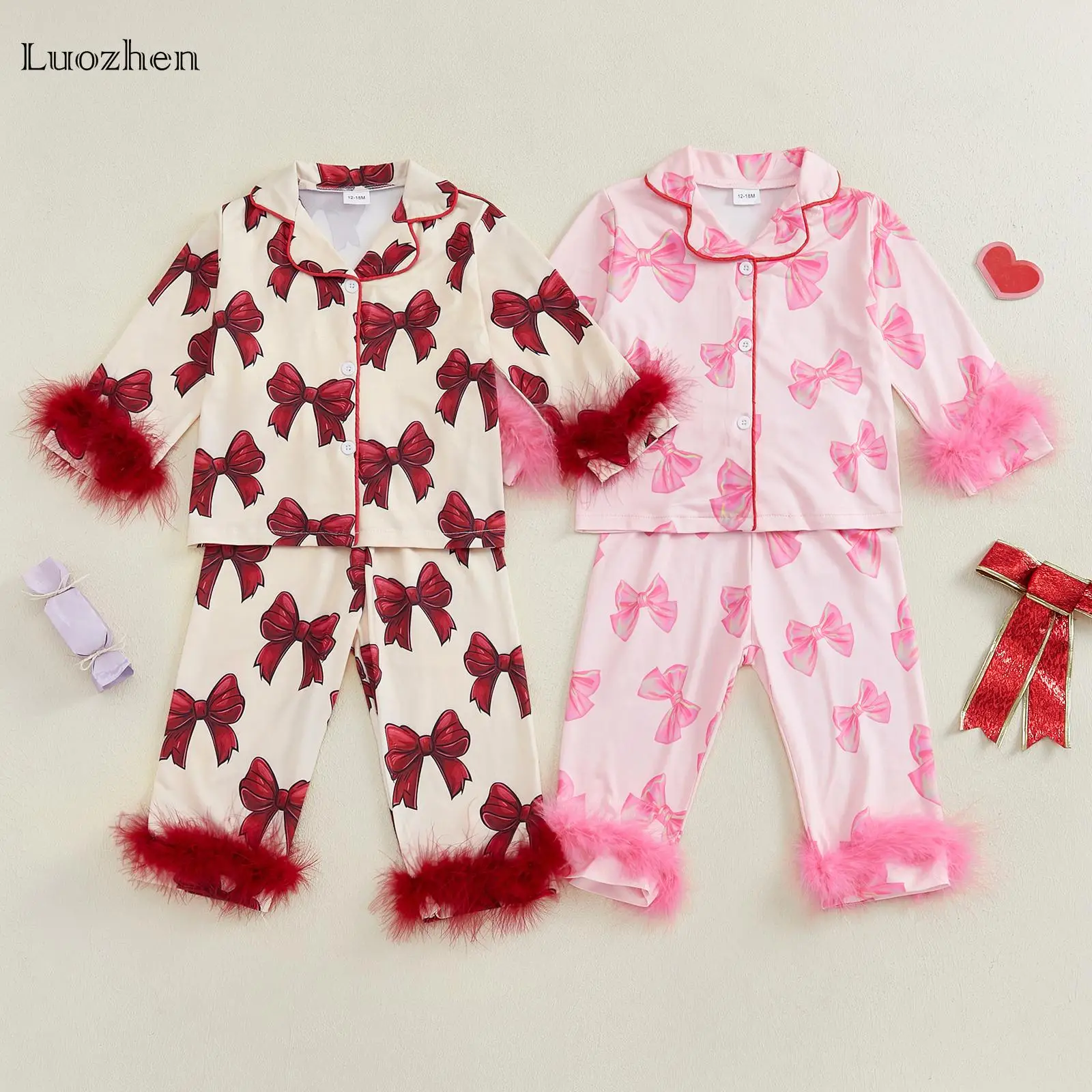 Girls Baby Spring and Autumn Pajamas 2 Piece Set Feather Trim Long Sleeve Cute Bow Print Shirt + Pants Set Infant and Toddler Sleepwear home clothes C