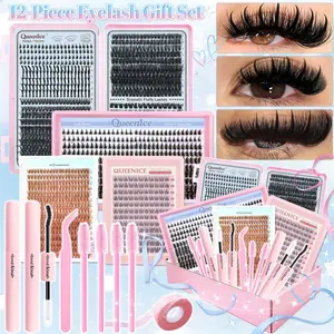 12-Piece Eyelash Gift Set,Eyelash Extension, Lash Clusters Kit,With Spiky&Bottom&Brown&Dramatic&Mermaid Lashes, 60D80D120D Mixed-Style Volume, With Two Glues and a lot of other accessories, D-Curl Wispy Eyelash, Fluffy Manga False Eye