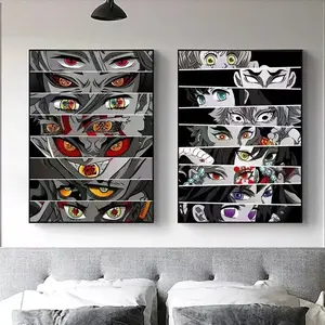 2pcs Cartoon Anime Eyes Demon Slayer Living Room Decorative Painting, Unique Artwork, Unframed Canvas Poster for Bedroom, Home Wall Art Decoration