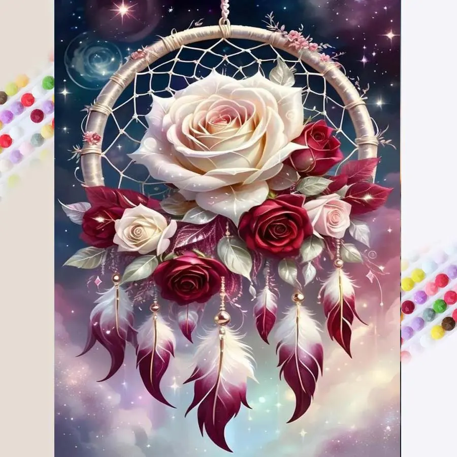 1 set of DIY diamond painting kit, 5D diamond art kit, DIY decor dream catcher, rose, feather mosaic, diamond art, DIY art home decoration, Handicraft