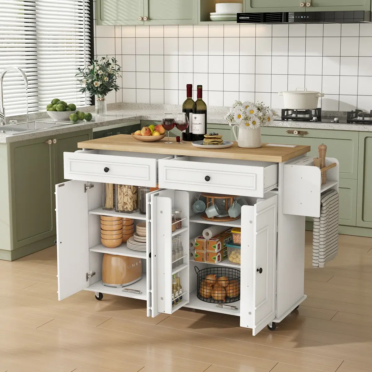 【SummerFinds】ONBRILL 58" Mobile Kitchen Island, Kitchen Island Cart with Power Outlet, Island Table for Kitchen, Home Bar Carts with Storage, Kitchen Rolling Island with Spice Rack & Towel Rack & Knife Holder