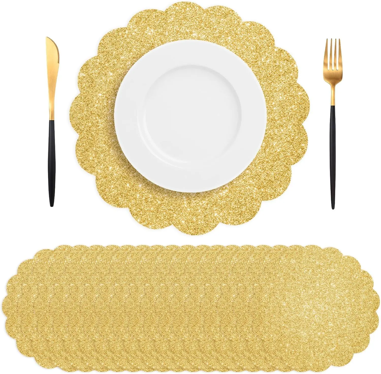 50 PCS Gold Glitter Paper Placemats, Paper Placemats Disposable, 13.5" Scalloped Sparkling Placemat, for Birthday Summer Wedding Holiday Party Home Dining Tableware