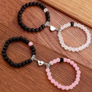 4Pcs/Set Elegant Black & White Stretchable Heart Matching Bracelets, Ideal Gift for Best Friends, Couples, Family Members Handmade Beaded Bracelet Set Valentine's Day Jewelry Gift