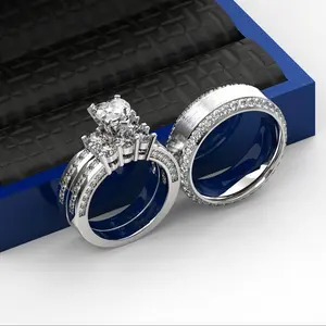 Ringcrown Couple Rings Matching Ring Three stone Heart Cut 1ct CZ White Gold Plated Women Wedding Ring Sets For Him And Her Ring Sets Men Titanium Steel Wedding Band