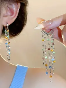 Fashion Sweet Candy Color Geometric Square Beaded Long Fringe Earrings for Women, Elegant Party Vacation Personality Earrings, Trendy Jewelry
