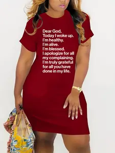 Motivational Plus Size Lady's Stretchy Polyester Blend Casual T-Shirt Dress - Round Neck, Short Sleeve, Black with White Motivational Letter Print, Stretch Fabric, Comfortable Everyday Style, Casual Wear