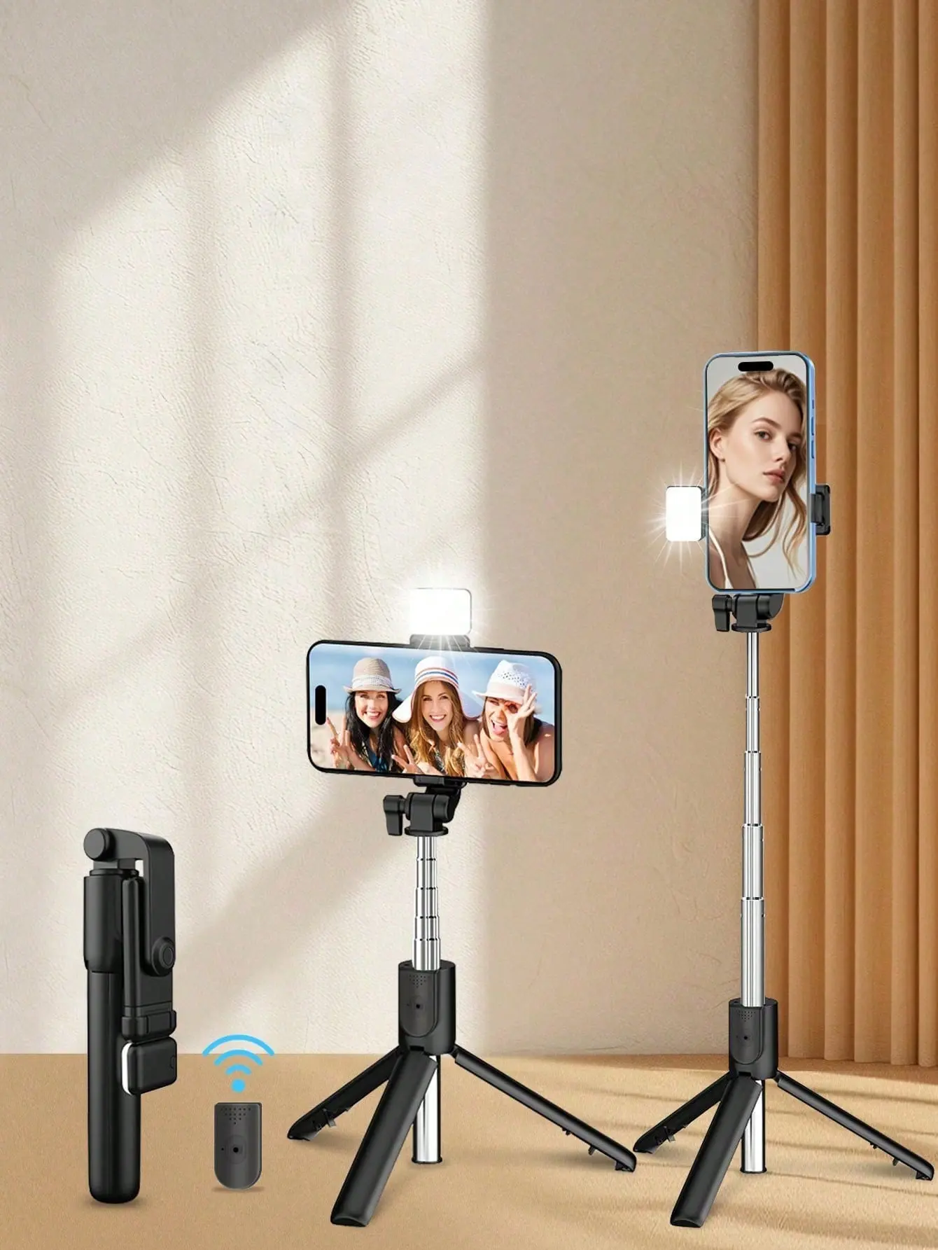 All-in-1 Selfie Stick Tripod with Fill Light, Extendable Wireless Remote, Portable Adjustable Detachable Stand for iPhone & Android Phones, Home Supplies Festive Party Gifts