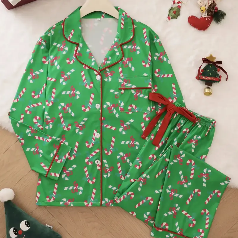 2-piece Pajama Set Butterfly Knot Candy Cane Halloween Soft and Comfortable Top Small Pocket Butterfly Knot Tightening with Elastic Pants Belt Suitable for Four Seasons Home Regular Wear Holiday Pajama Clothing