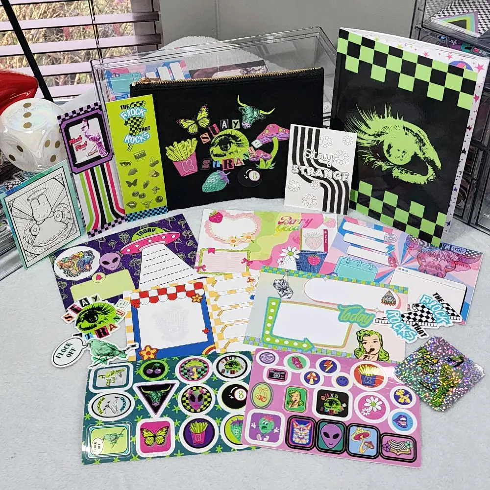 Flockin' Strange Stationery Large Giftset- Unique Stationery Items Inspired by the Rockin Flock, Custom Designs by Birdie- Notebook, Pencil Bag, Bookmarks, Memo Note Cards, Coloring Cards, Stickers