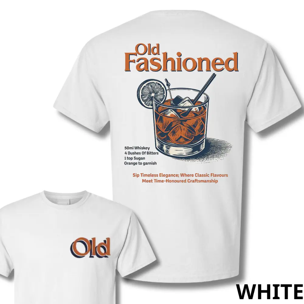 Sip Timeless Elegance Old Fashioned Cocktail Recipe T-Shirt, Vintage Whiskey Graphic Tee for Men & Women, 2 Sides Retro Bartender Style, Classic Drink Lover Gift