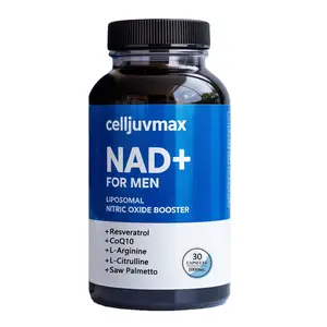 Men’s NAD+ Formula Supplement, featuring Liposomal NAD+ technology combined with CoQ10, L-Carnitine, L-Arginine, Maca, and Ashwagandha, designed to support energy metabolism, circulatory health, and prostate wellness, 60 capsules.