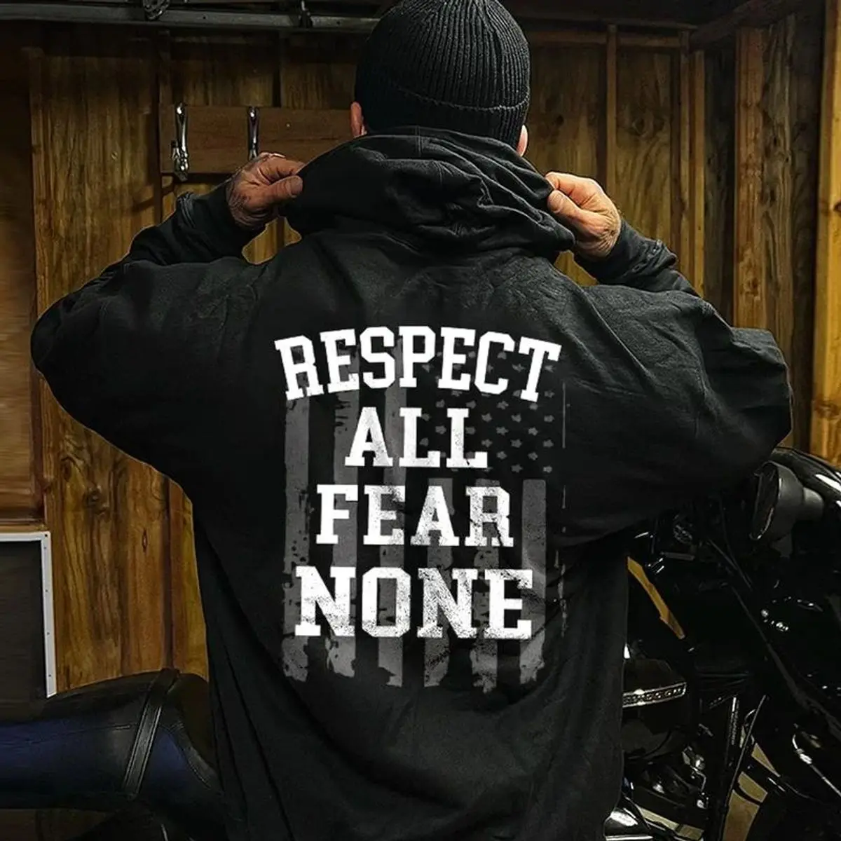 Respect All Fear None Hoodie, Bold Biker Attitude Sweatshirt, Fearless Mindset Streetwear, Rugged Motorcycle Shirt, Unisex Sweater Pullover Tee
