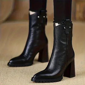 Women's Chunky Block Heel Pointed Toe Ankle Boots with Back Zipper Closure Black Faux Round-Toe-like PU Sole Short Boots Thick Heels for Party Casual Office Comfortable Round-the-Calf Bridal Onyx Walking Shoes