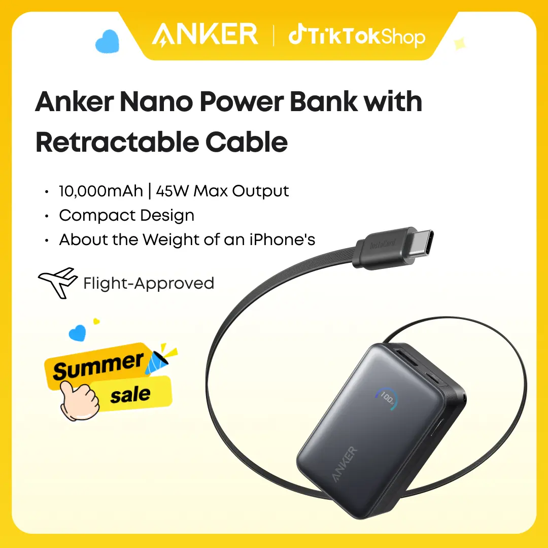 [Live Only]Anker Nano Power Bank, 10,000mAh Portable Charger with 2.3 ft Anker InstaCord Retractable Cable, 45W Max Compact Battery Pack, Smart Display, For iPhone 16 Series, iPad, Galaxy, Pixel, and More summervibes
