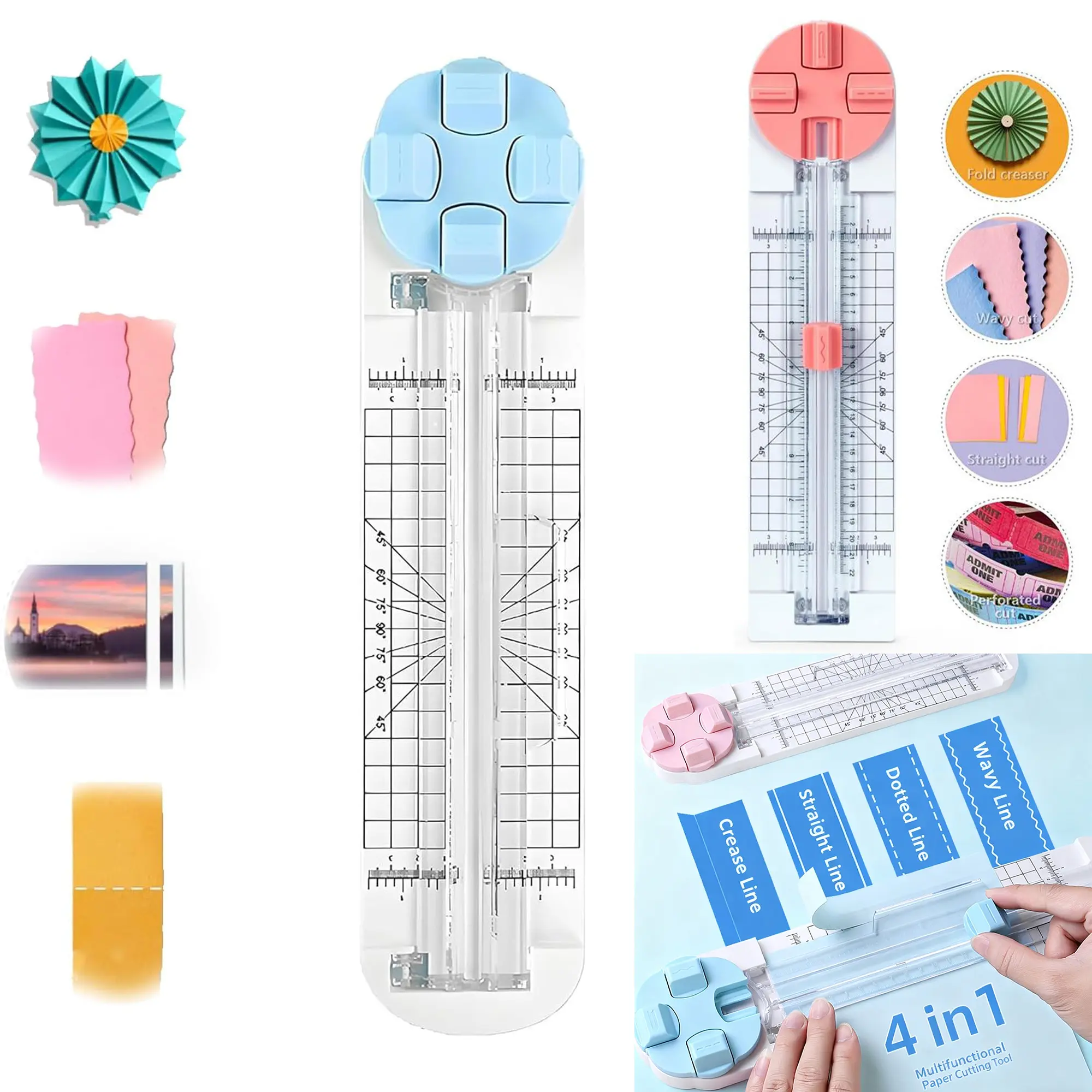 4-in-1 Multifunctional Compact Paper Cutter Trimmer with Ruler, Grid Guide, Straight Edge, Wave Cut, Perforation & Folding Lines for Card Making, Office Projects, Portable Office Cutting Supply, Compact Cutter