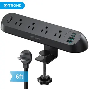 TROND Desk Clamp Power Strip - Surge Protector Power Strip with 5 AC Outlets, Flat Plug 6ft Extension Cord, 1700J, ETL Listed, Fits 1.97 inch Black