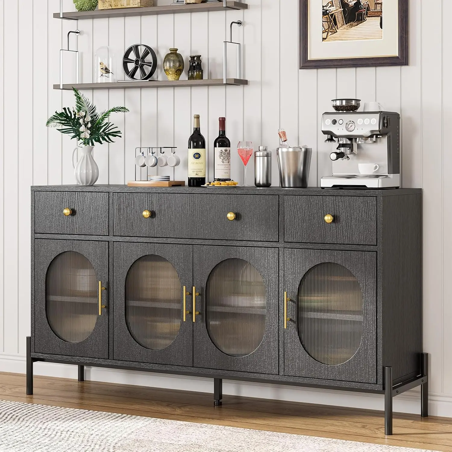 62-in Modern Wood Entryway Buffet Cabinet - 3-Drawer Fluted Glass Furniture with 4 Doors, Retro Handles, Metal Base, Easy Assembly for Dining Room