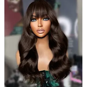 Jessie's Wig [Maya] Dark Brown #2 Color Body Wave Wig With Bangs 13x5 Pre Cut Lace Human Hair Glueless Wig Do Half Up By Yourself