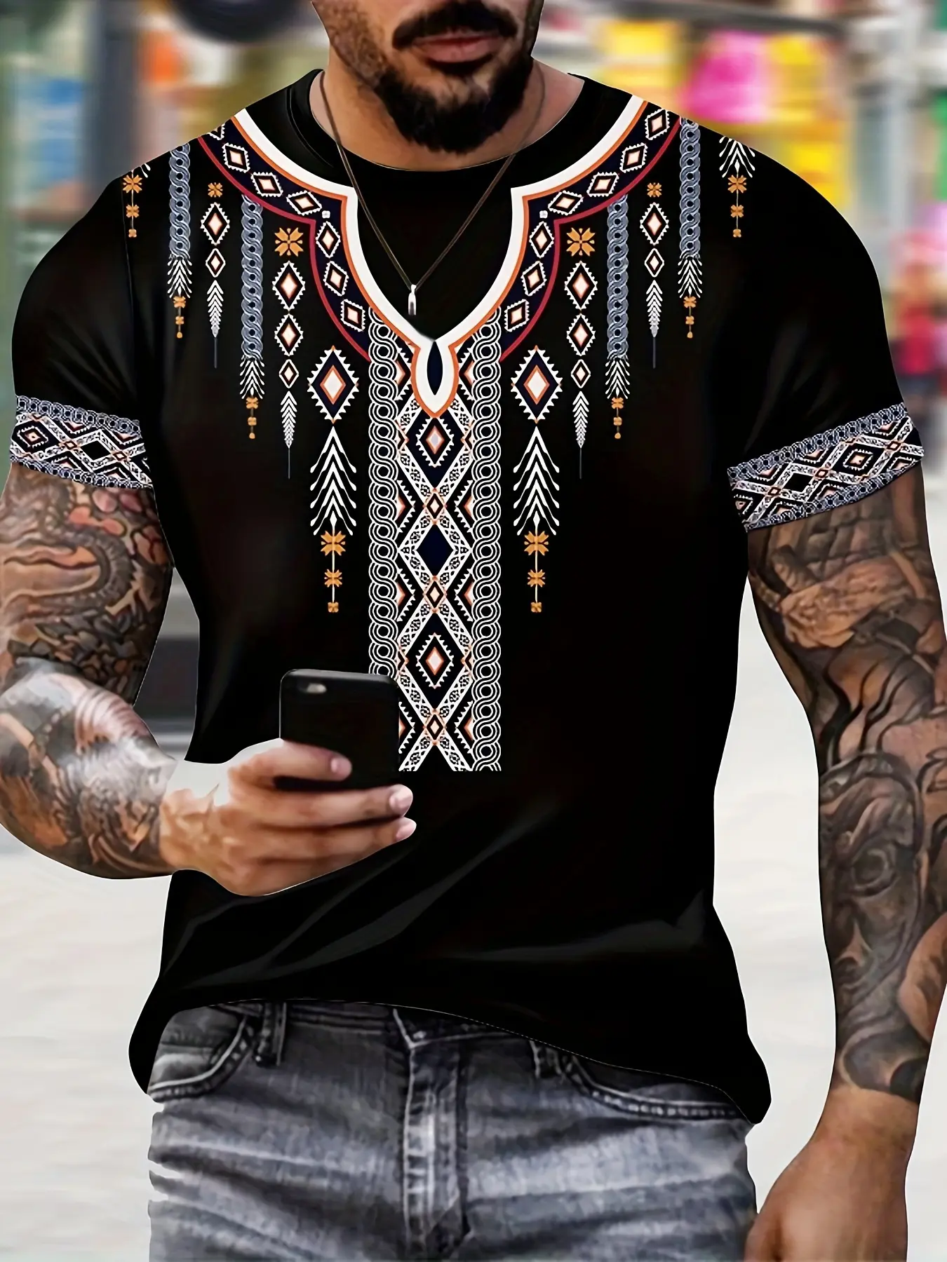 Men's Ethnic Style Creative Geometric Digital Print Short Sleeve Round Neck T-Shirt, Casual Streetwear Fitted Summer Outdoor Holiday Tee Top Menswear