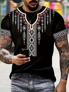Men's Ethnic Style Creative Geometric Digital Print Short Sleeve Round Neck T-Shirt, Casual Streetwear Fitted Summer Outdoor Holiday Tee Top Menswear