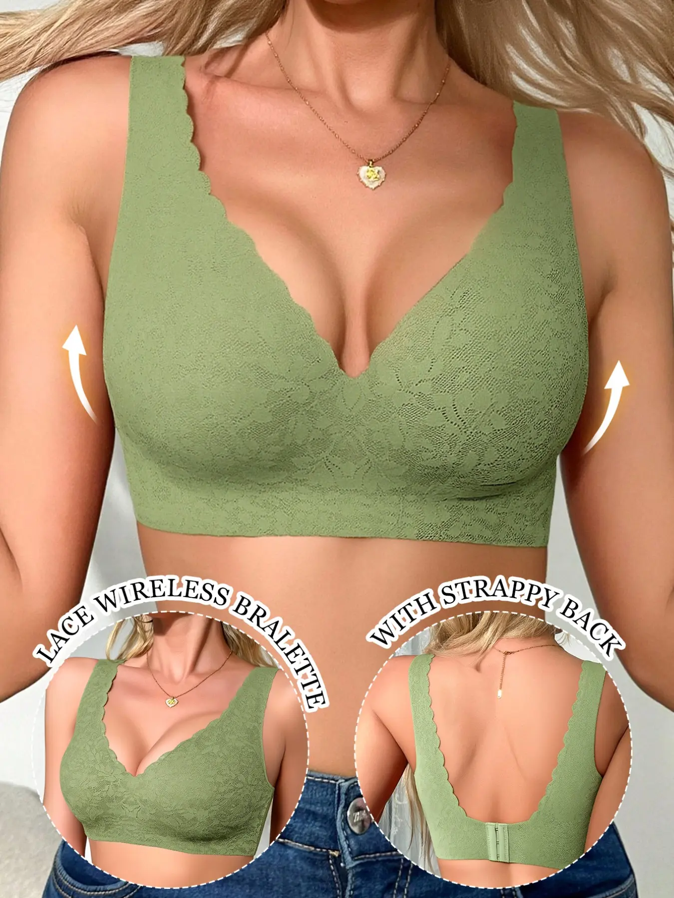 Lace wireless chic jelly soft support bra, V-neck wavy lace trim + beautiful back design, seamless and breathable without sweat, 3D push up without empty cups, non-slip and stable, perfect for daily, party and sports!