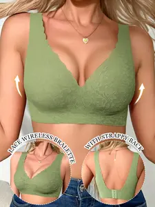Lace wireless jelly soft support bra, Wirefree bras, V-neck wavy lace trim + beautiful back design, seamless and breathable without sweat, 3D push up without empty cups, non-slip and stable, perfect for daily, party and sports, Womenswear