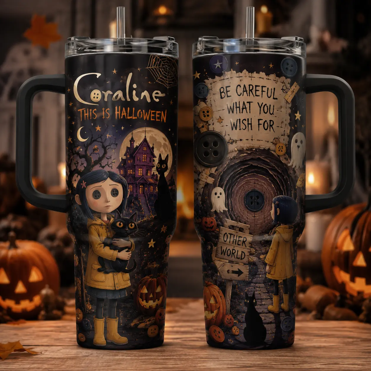 Coraline Halloween Tumbler 20oz 30oz 40oz, Spooky Gothic Fall Travel Mug, Cute Horror Autumn Cup, Double Wall Insulated Stainless Steel Gift