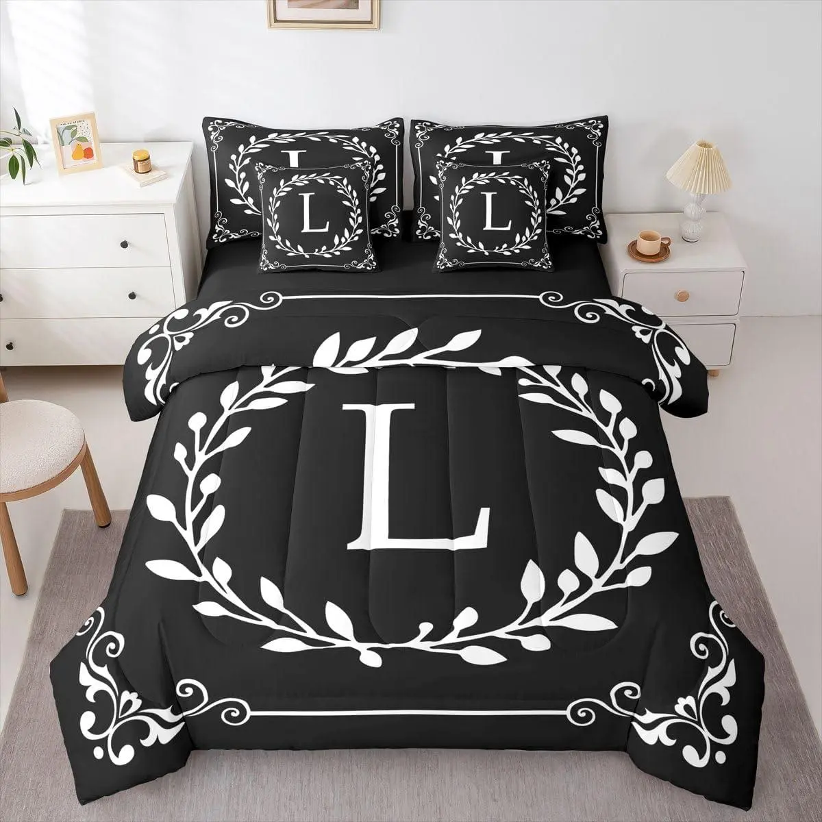 Initial Letter L Comforter Set with Sheets Black And White 7 Piece Bedding Set,Boho Floral Leaves Bed In A Bag Personalized Gifts For Adult Women /Men /Teen Girls/ Frends Flower Retro Bed Set